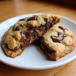 A close-up of a freshly baked chocolate chip cookie broken in half, showing gooey, melted chocolate chips inside.