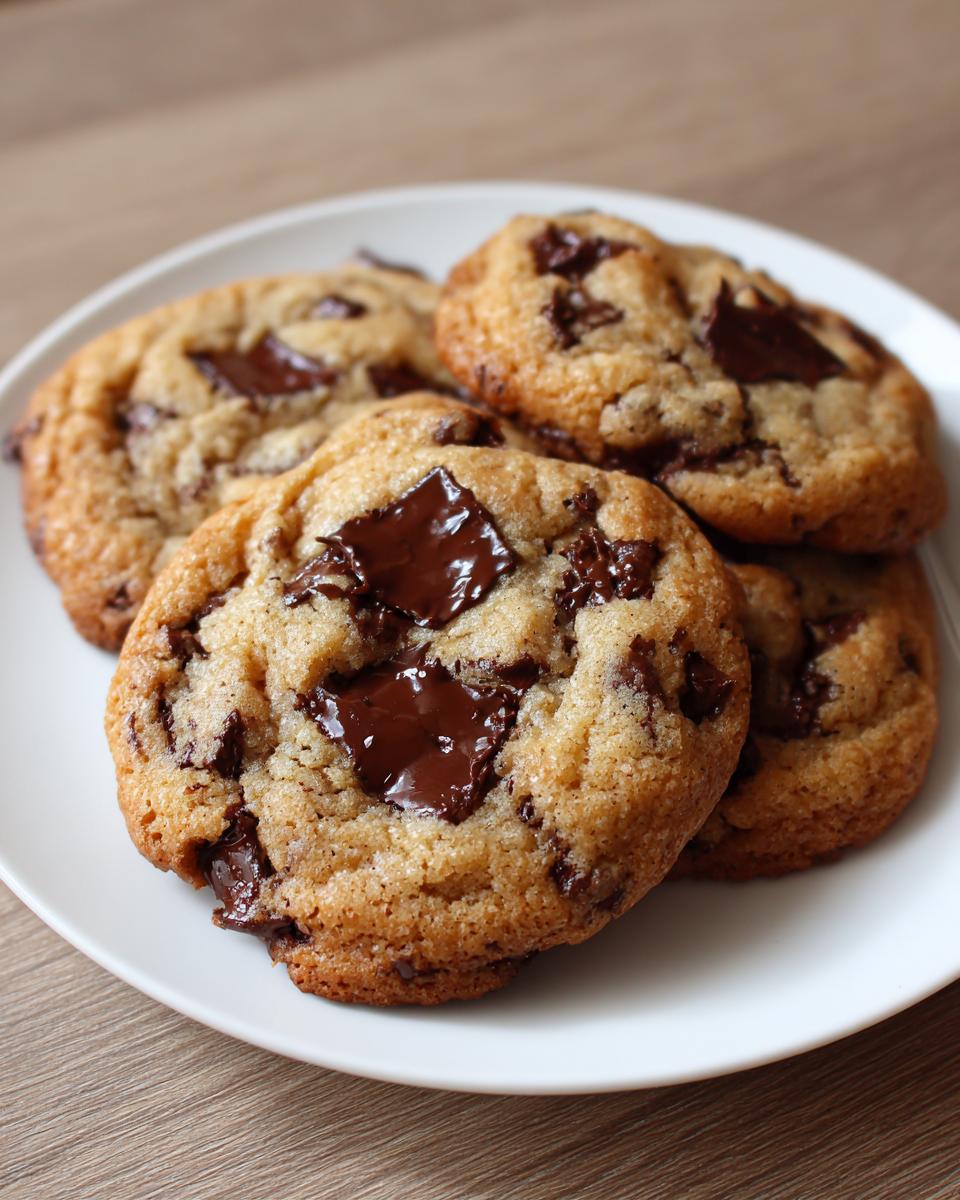 Close-up of four freshly baked chocolate chip cookies with melted chocolate chunks on a white plate.