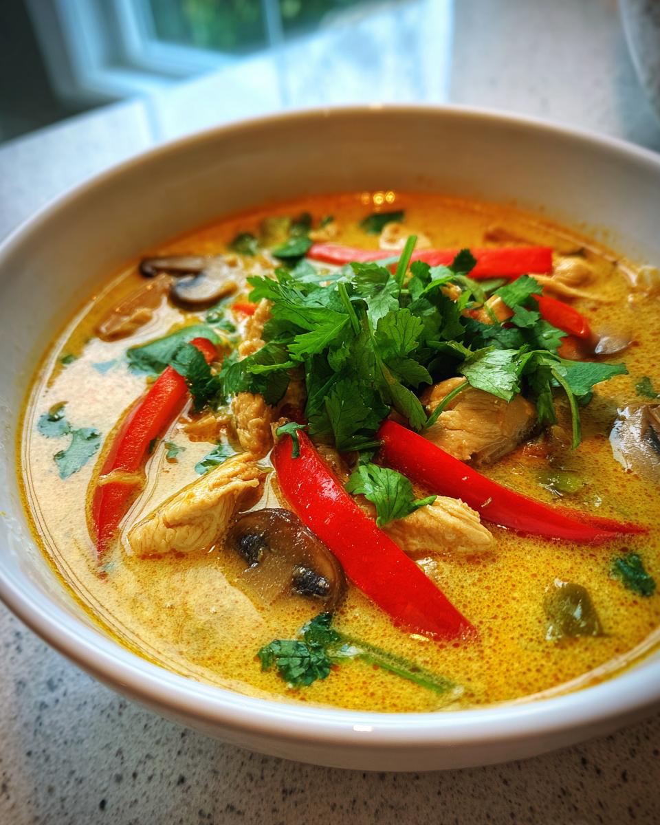 Close-up of a vibrant bowl of coconut curry soup topped with chicken, mushrooms, red chili slices, and fresh cilantro.