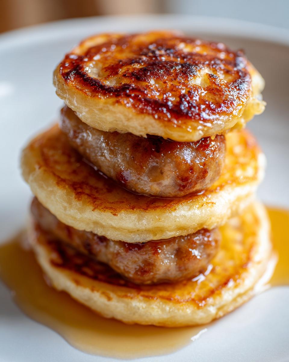 Close-up of a stack of three golden McGriddle bites layered with sausage patties and drizzled with syrup.