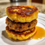 Close-up of three stacked McGriddle bites, featuring sausage and golden pancakes, drizzled with syrup.