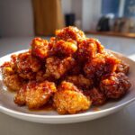 A heaping pile of crispy, glazed pieces of homemade orange chicken recipe on a white plate.