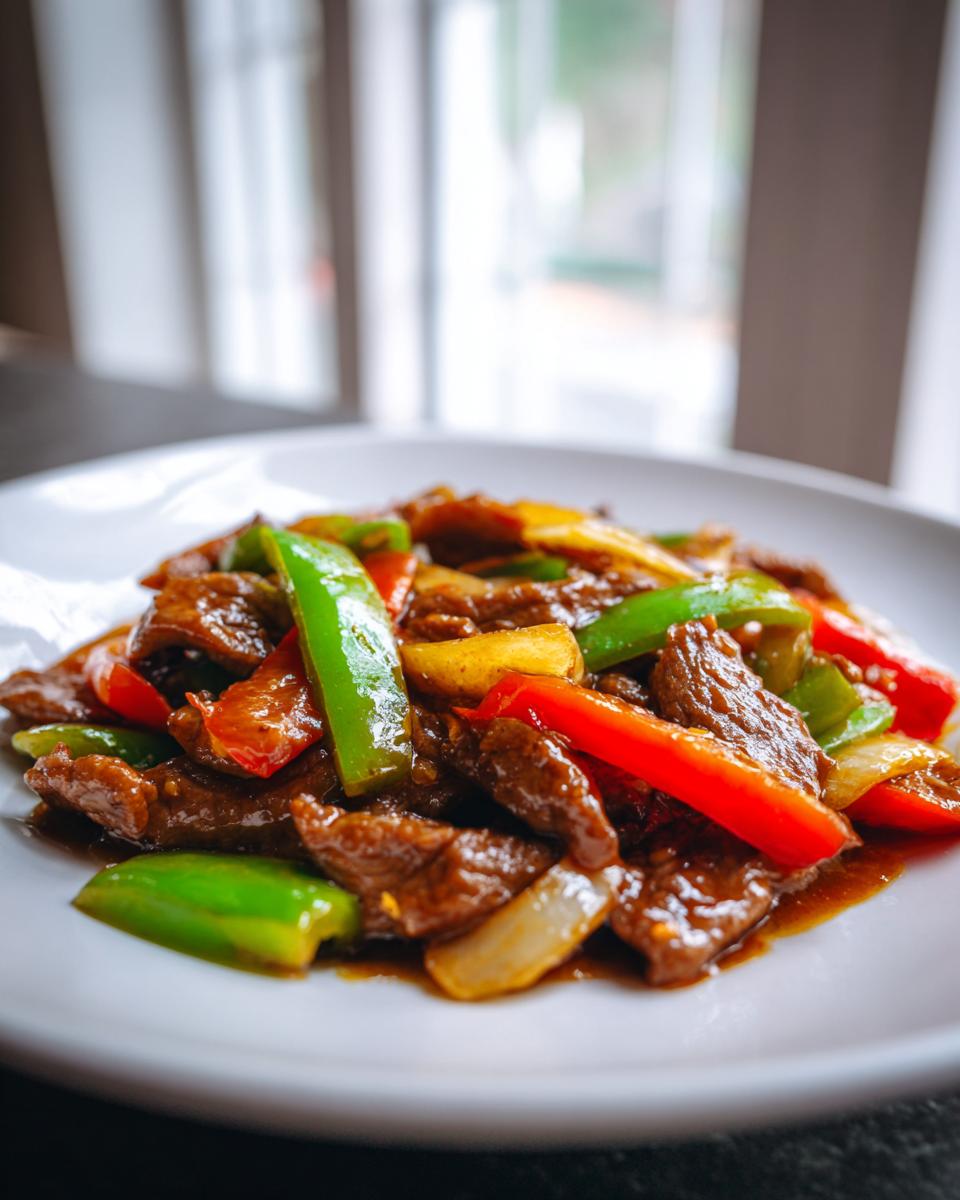 A close-up of a white plate filled with glistening pepper steak, featuring strips of beef, green, red, and yellow bell peppers.