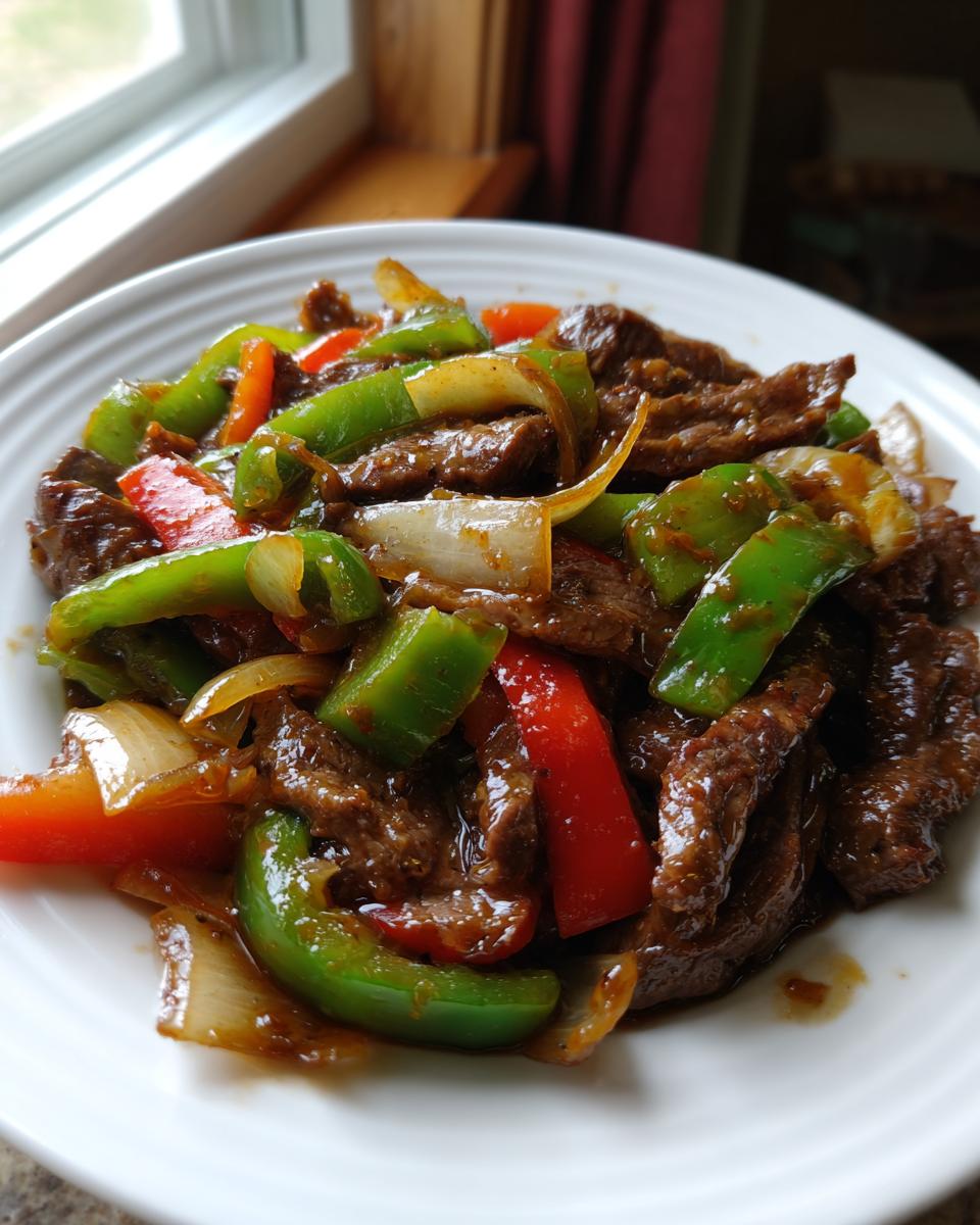 A close-up of glossy, saucy pepper steak mixed with vibrant green and red bell peppers and onions.