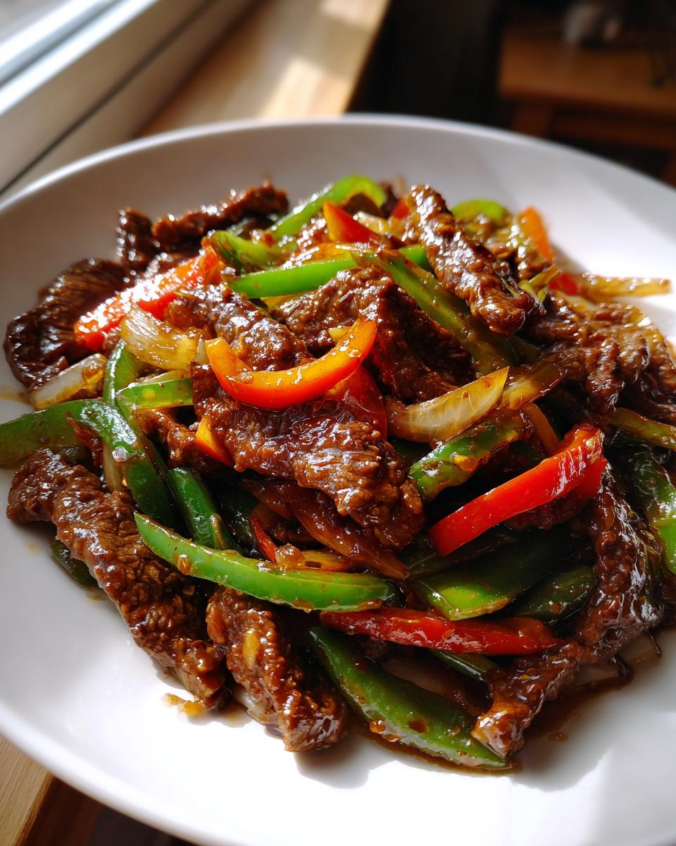 A close-up of glossy, saucy pepper steak strips mixed with vibrant green and red bell peppers and onions.
