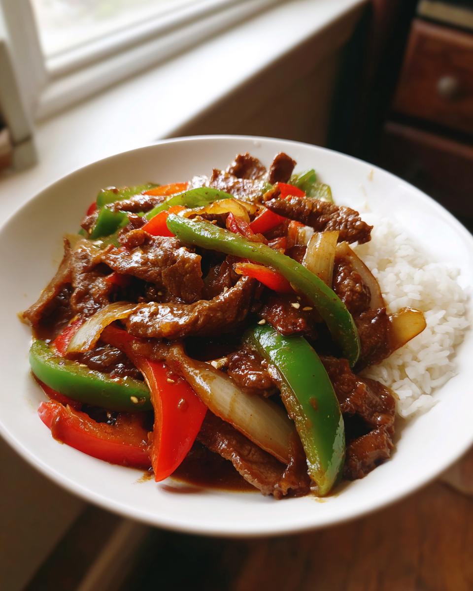 A bowl of savory pepper steak stir-fry with green and red bell peppers and onions served next to white rice.