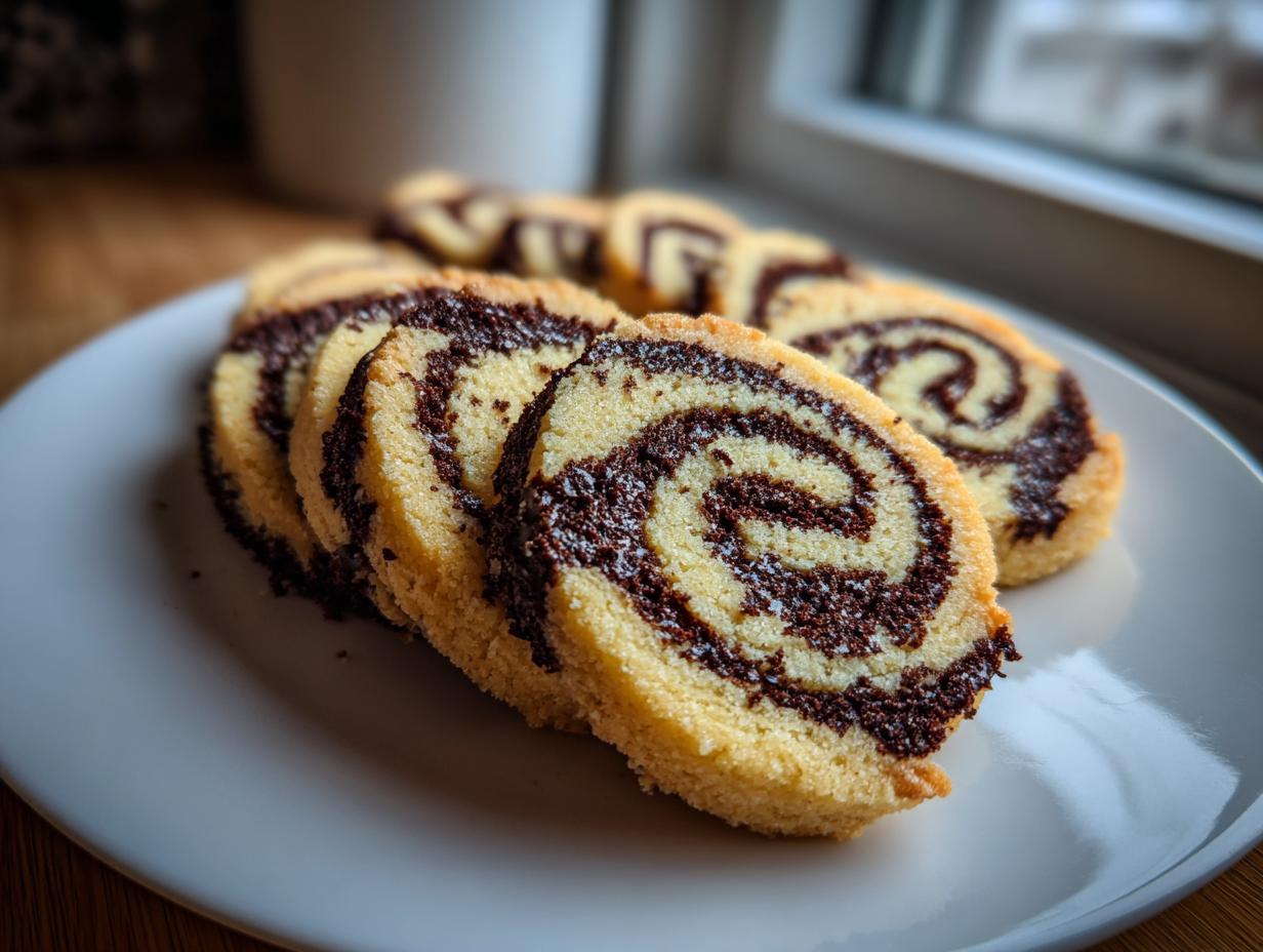 Close-up of sliced chocolate and vanilla pinwheel cookies arranged on a white plate.