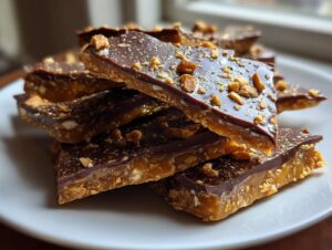 Close-up of broken pieces of homemade toffee recipe, featuring a thick caramel base topped with dark chocolate and chopped peanuts.