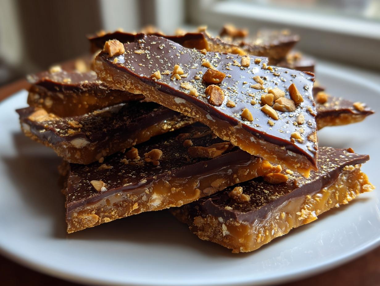 Close-up of broken pieces of homemade toffee recipe, featuring a thick caramel base topped with dark chocolate and chopped peanuts.