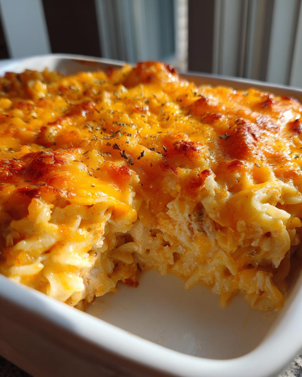Close-up of a golden-brown baked Amish country casserole with melted cheese and herbs.