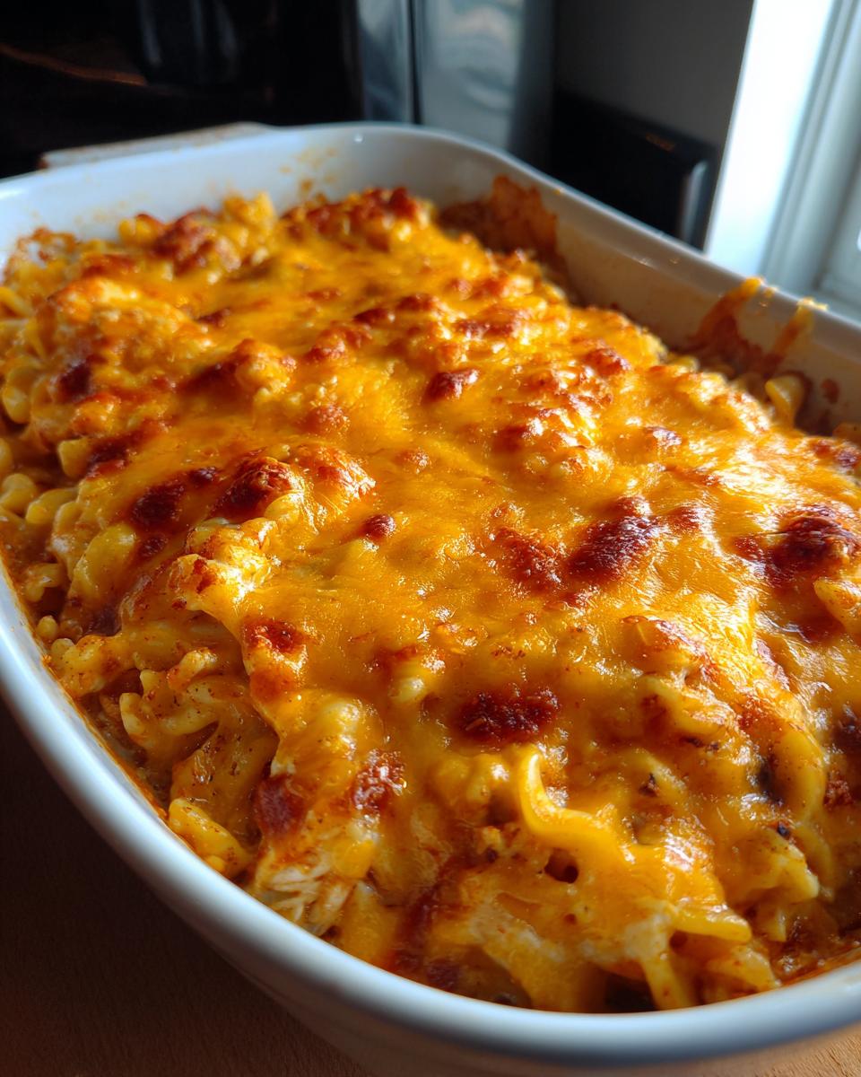 Close-up of a bubbly, golden-brown baked Amish country casserole with melted cheese.