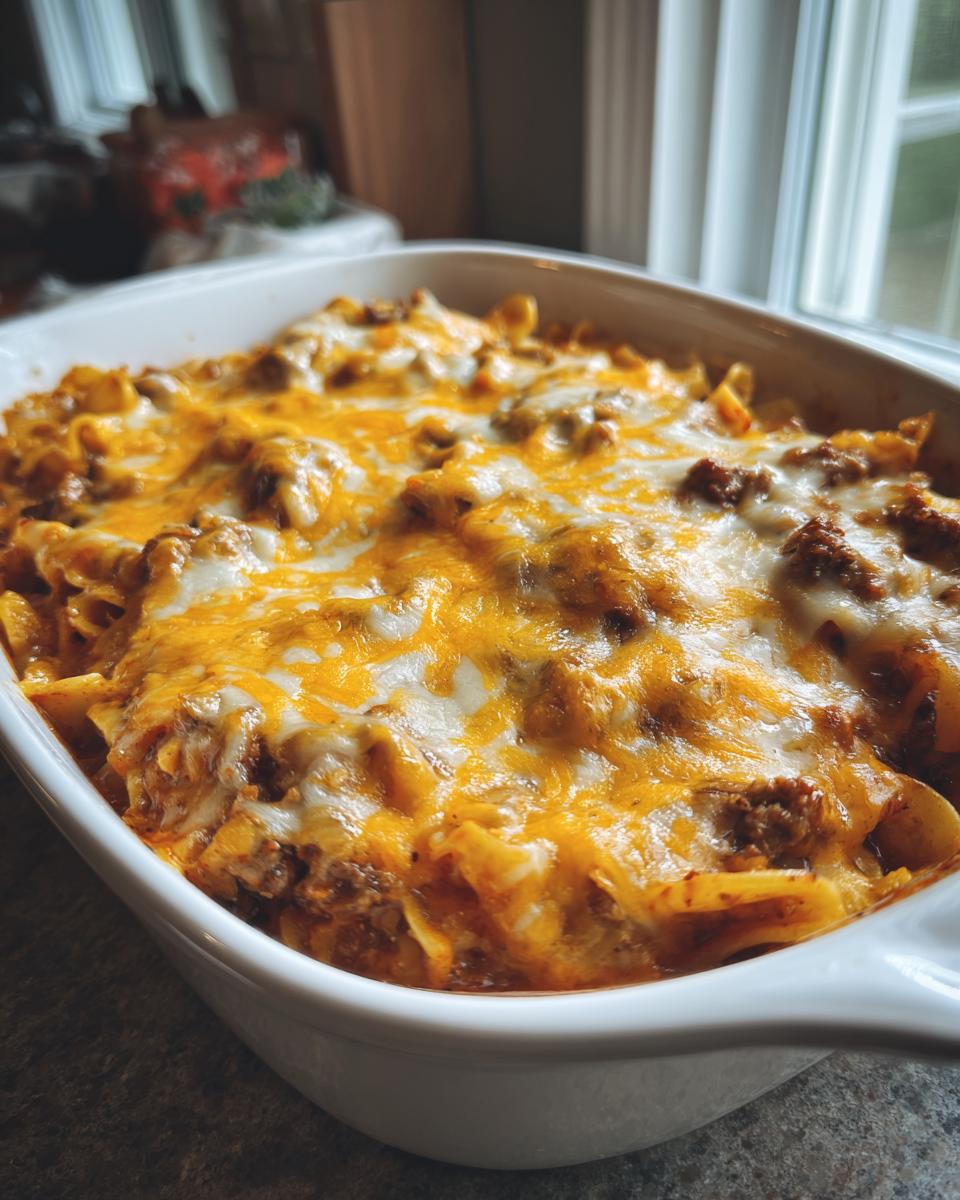 A close-up of a freshly baked Amish country casserole in a white dish, topped with melted golden cheese and ground meat.