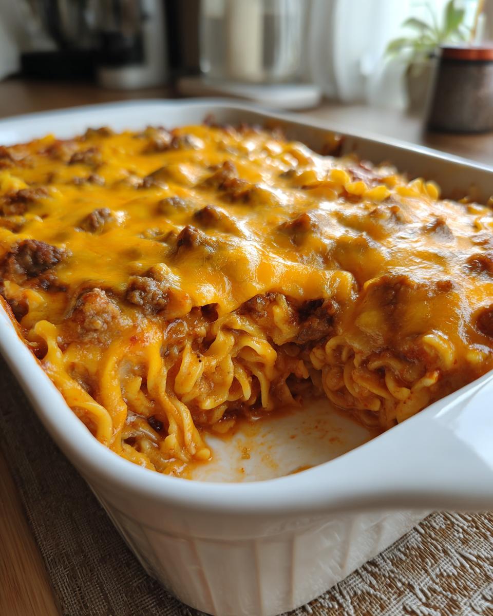 A close-up of a freshly baked Amish country casserole in a white baking dish, topped with melted cheddar cheese and ground meat.