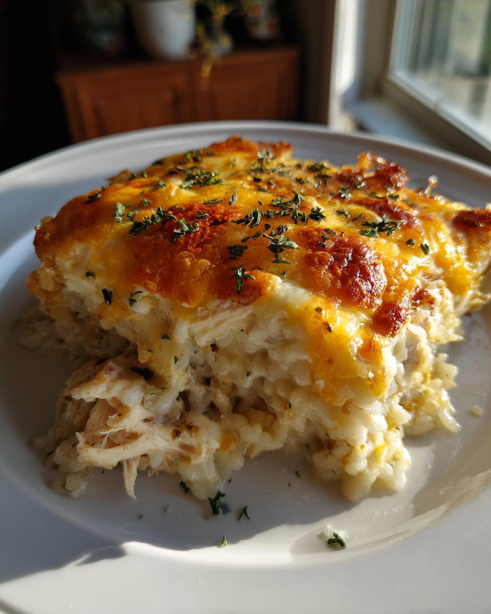 A close-up of a serving of amazing angel chicken rice with a golden, melted cheese topping and herbs.