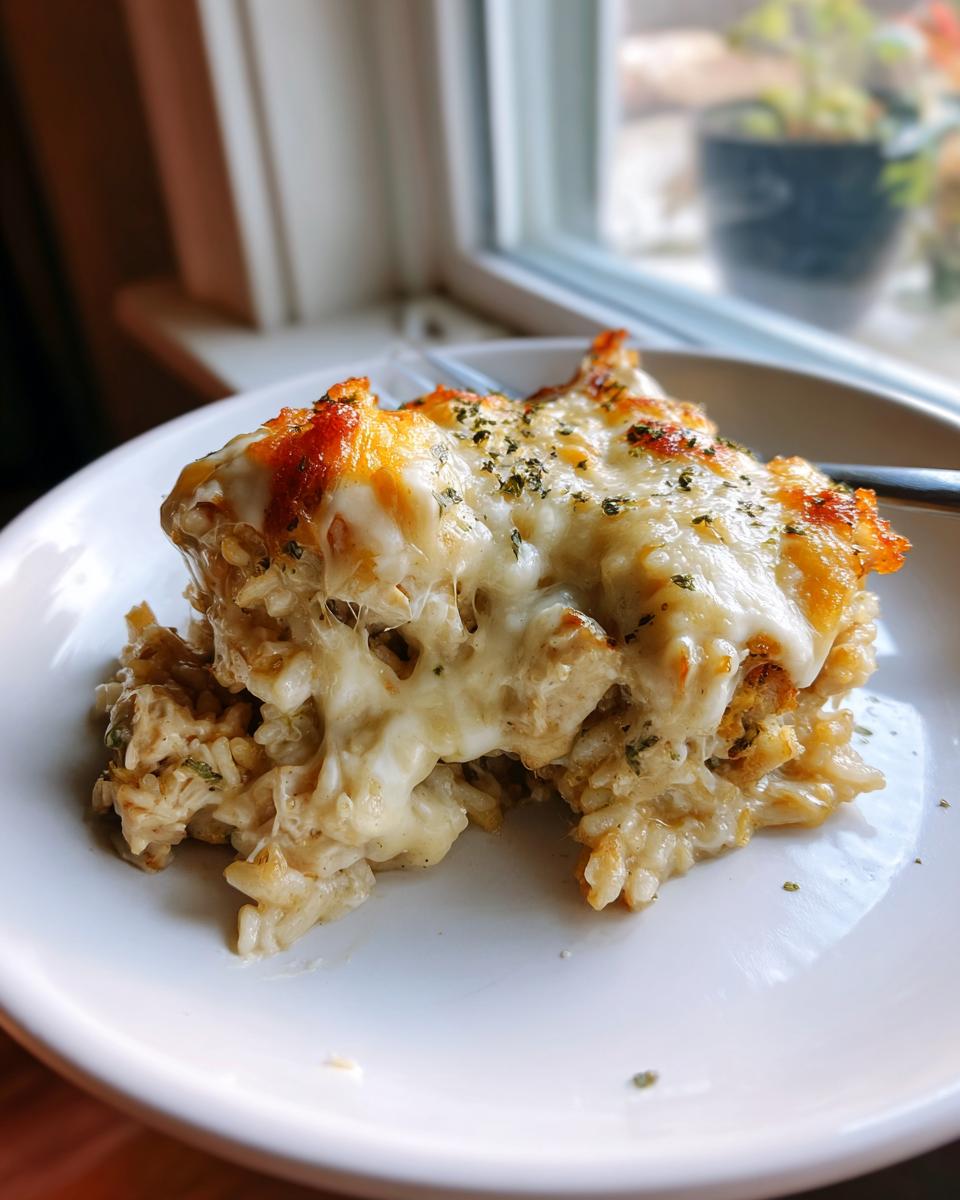 A close-up of a serving of angel chicken rice casserole with melted, golden-brown cheese topping.