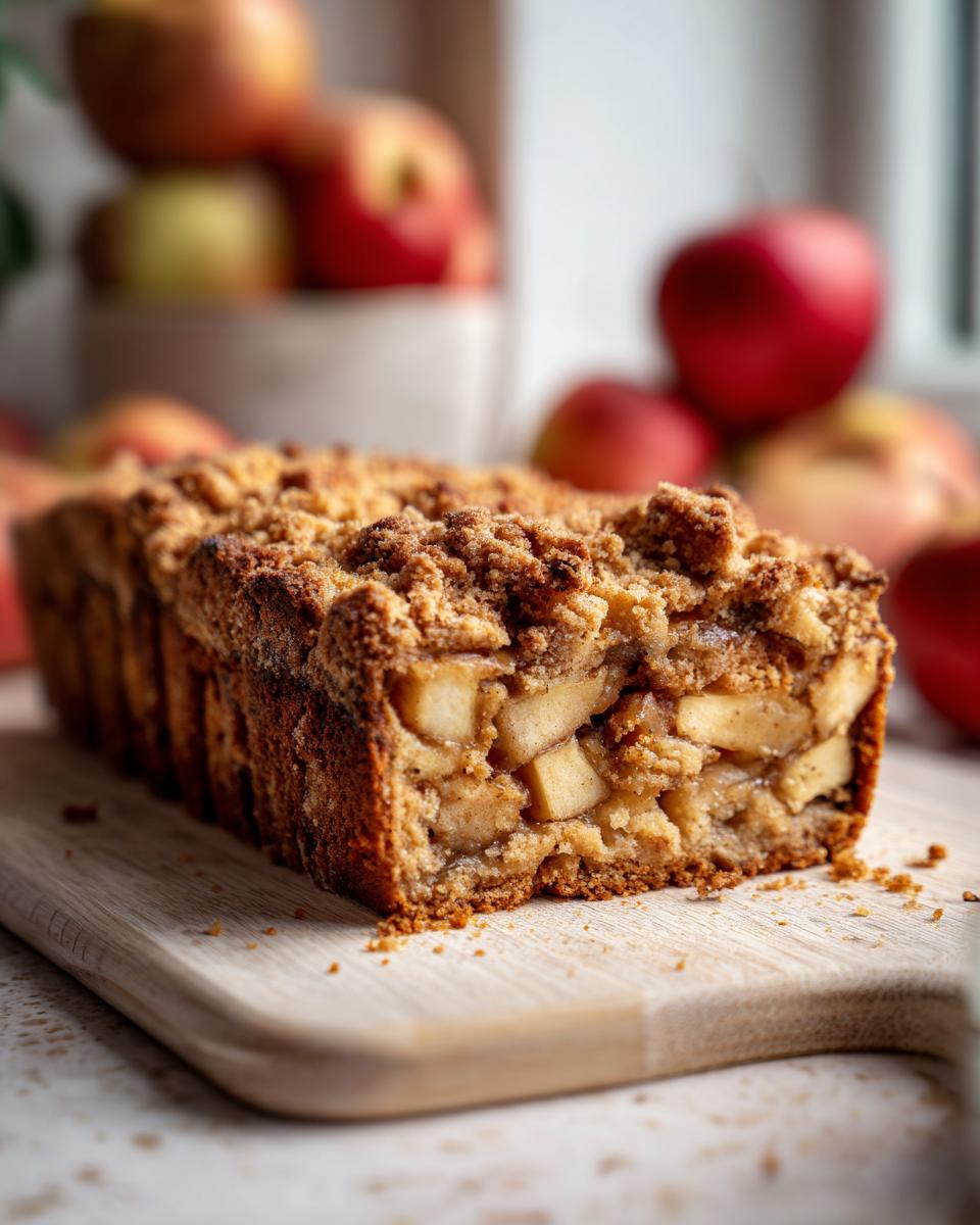 A close-up of a slice of apple crumb cake, revealing chunks of apple and a golden crumb topping.