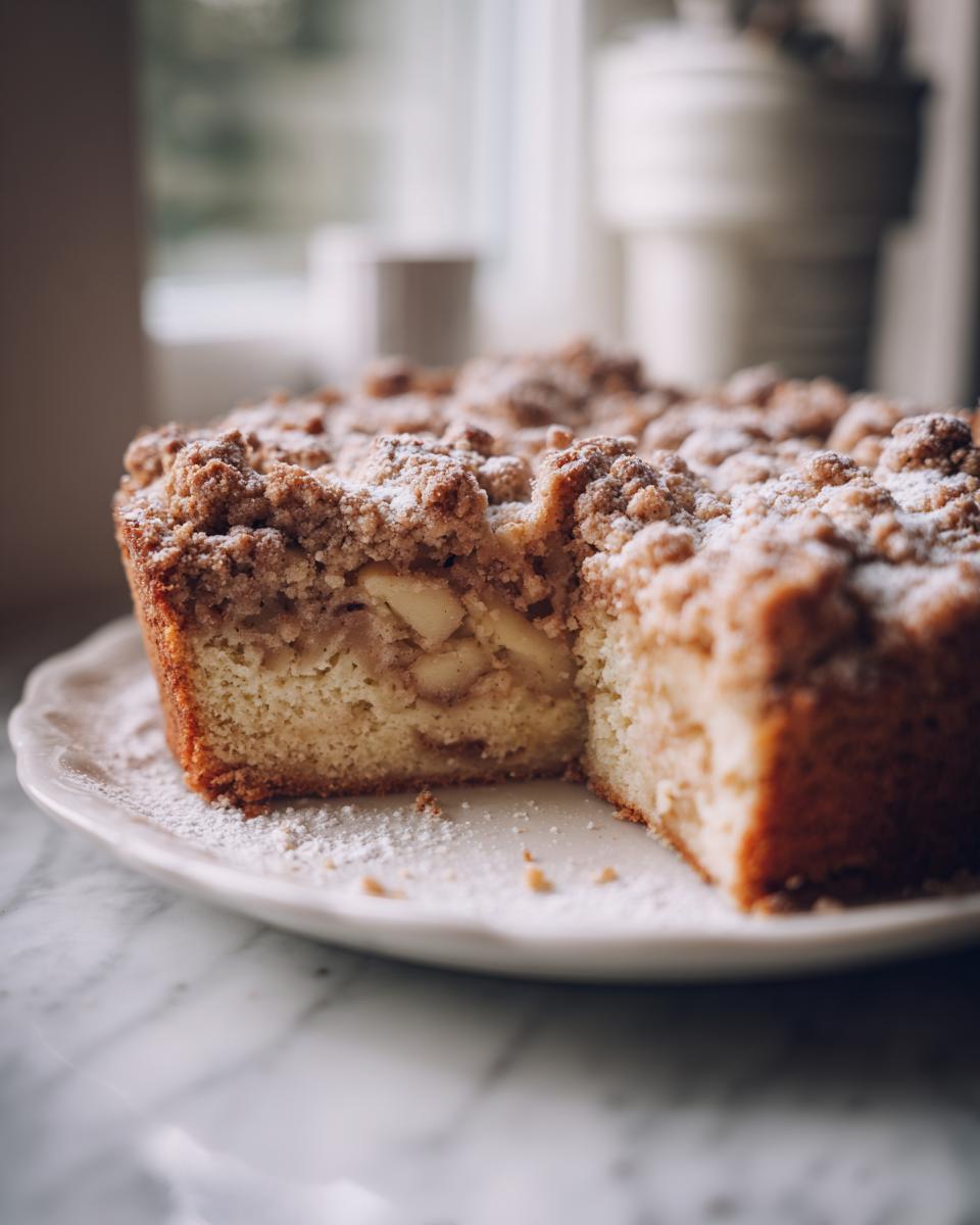 A close-up of a freshly baked apple crumb cake on a white plate, with a slice removed revealing tender apple pieces.