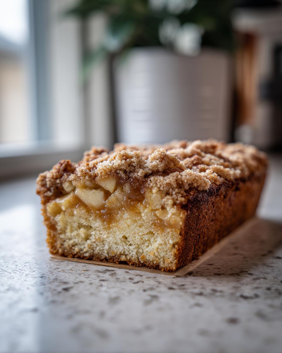 A close-up of a slice of amazing apple crumb cake, showing the moist cake, tender apple filling, and crunchy crumb topping.