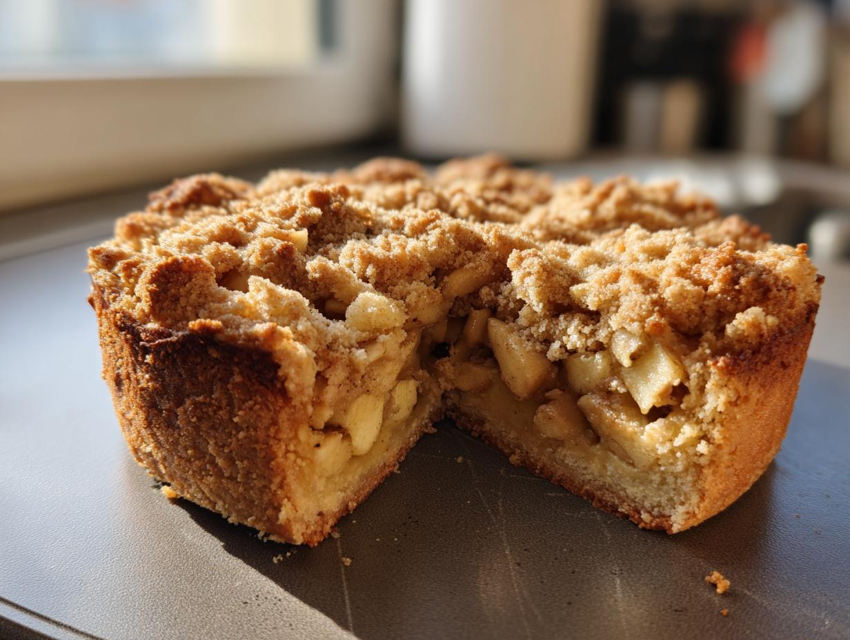 A delicious slice of apple crumb cake with a golden brown crumb topping and visible apple filling.