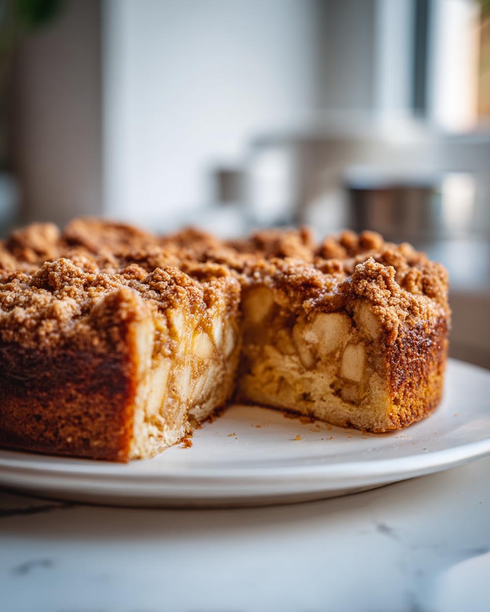 A close-up of an amazing apple crumb cake with a slice missing, revealing tender apple chunks and a golden crumb topping.