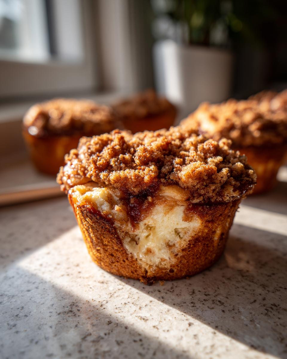 Close-up of an Apple Crumble Cheesecake Bun with a bite taken out, showing creamy cheesecake filling and crumb topping.