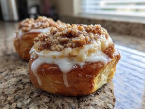 Close-up of two delicious Apple Crumble Cheesecake Buns topped with white icing and crunchy walnuts.