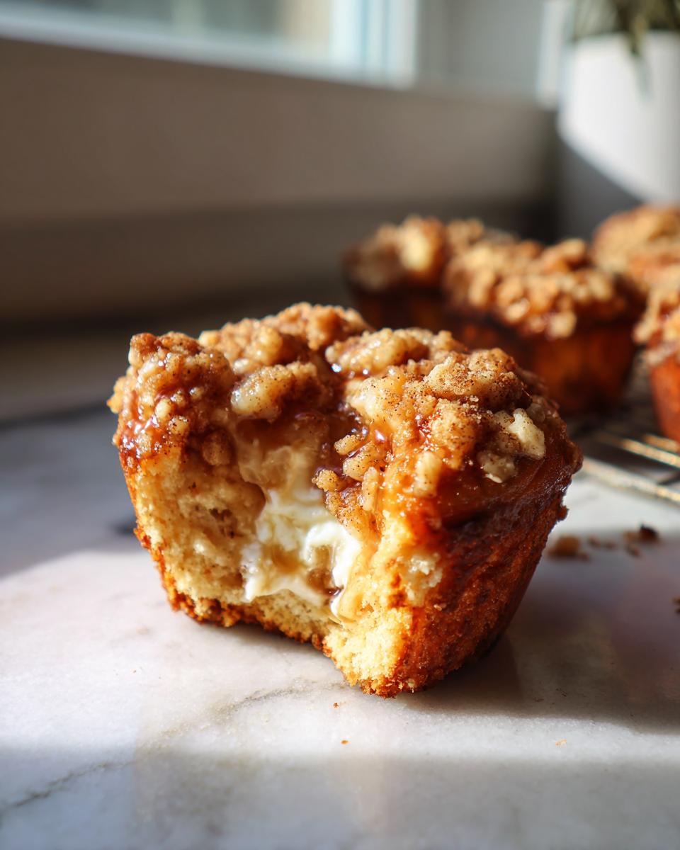Close-up of an Apple Crumble Cheesecake Bun with a bite taken out, revealing a creamy cheesecake filling and a crumbly topping.