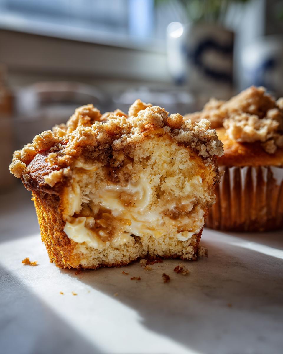 A cross-section of an Apple Crumble Cheesecake Bun, revealing a creamy cheesecake filling and a crumbly topping.