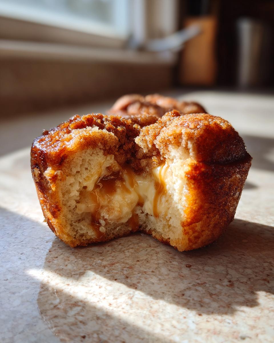 A close-up of an Apple Crumble Cheesecake Bun, cut in half to reveal a creamy cheesecake filling and caramel.