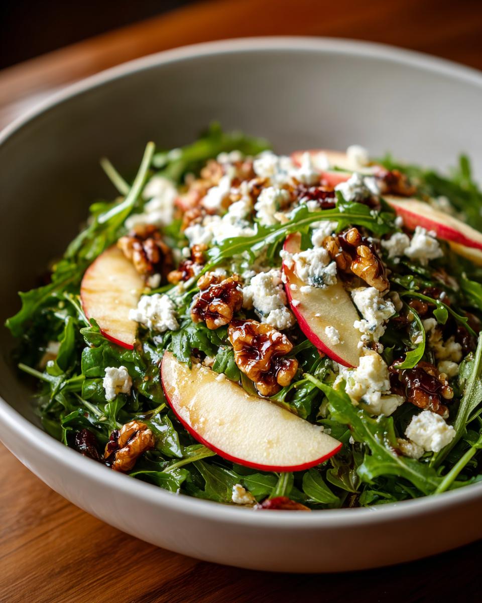 A close-up of a vibrant apple feta salad with arugula, sliced apples, crumbled feta cheese, and walnuts.