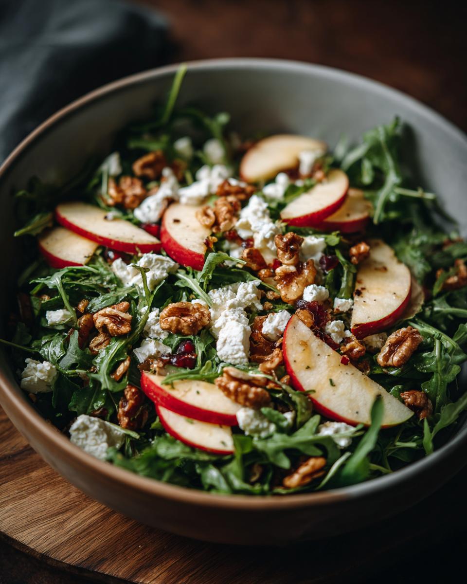A close-up of a fresh apple feta salad with arugula, sliced apples, crumbled feta cheese, and walnuts.