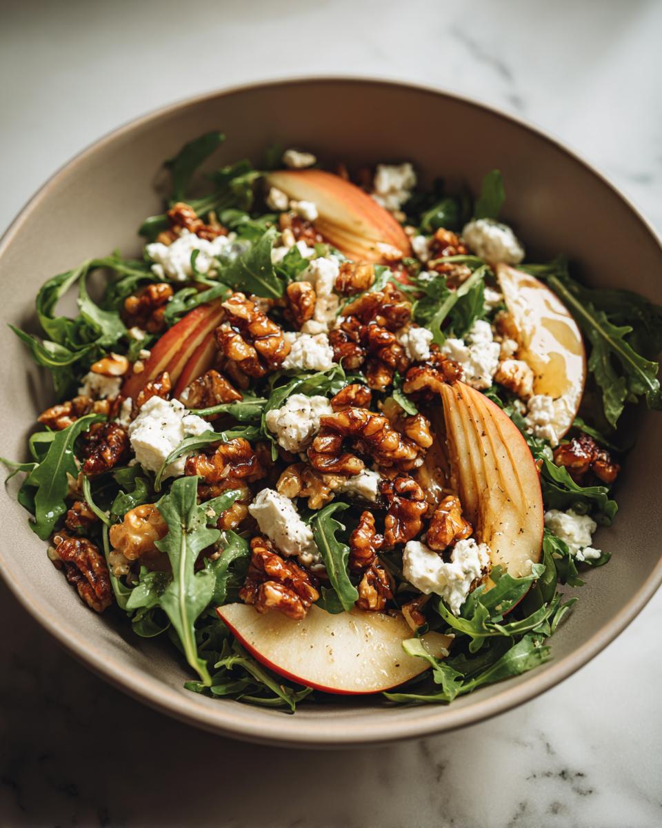 A close-up of a vibrant apple feta salad with arugula, crumbled feta cheese, sliced apples, and candied walnuts.