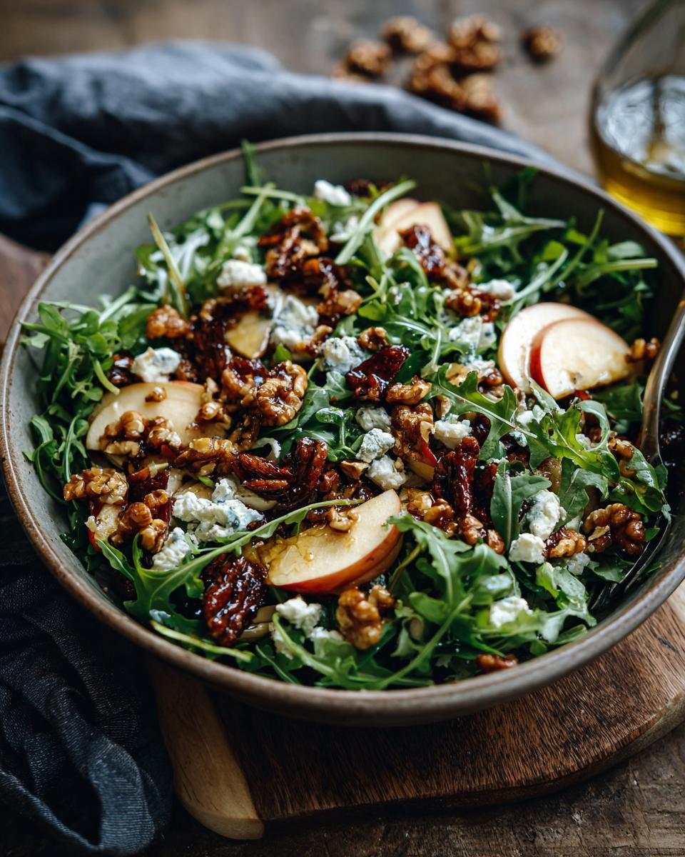 A close-up of a refreshing apple feta salad with arugula, crumbled feta cheese, sliced apples, and candied walnuts.