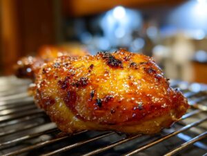 Close-up of a perfectly cooked apricot glazed baked chicken thigh resting on a cooling rack.
