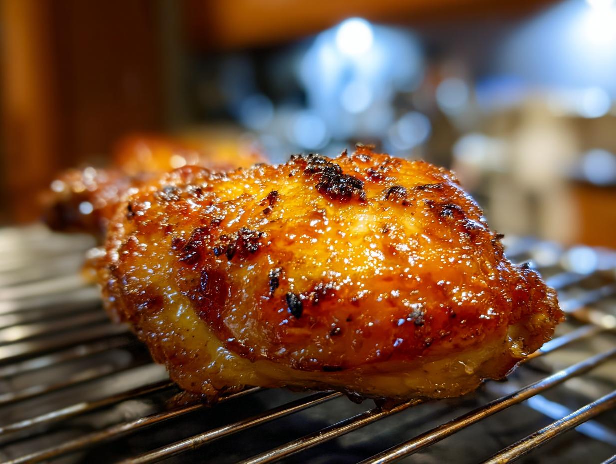 Close-up of a perfectly cooked apricot glazed baked chicken thigh resting on a cooling rack.