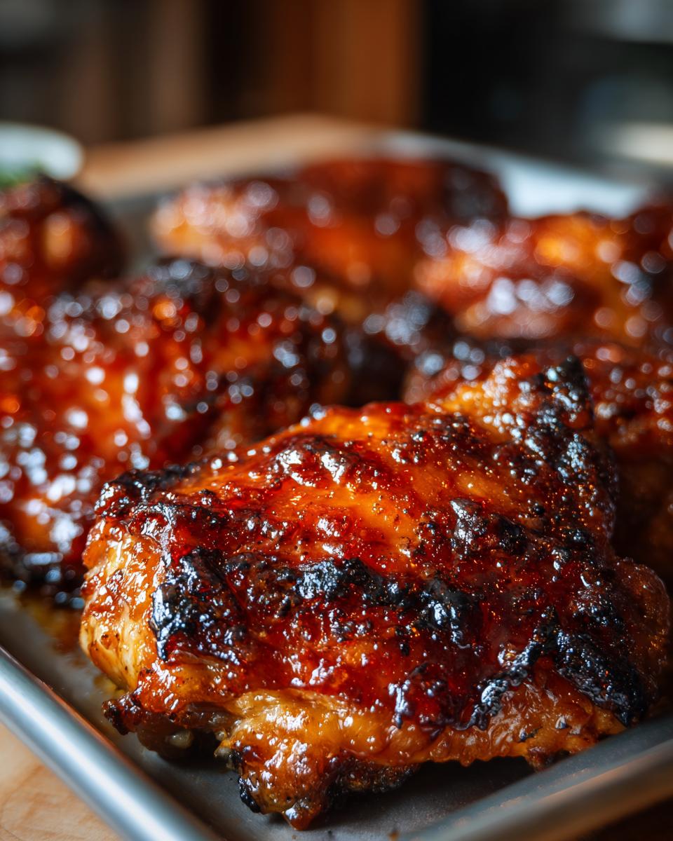 Close-up of juicy apricot glazed baked chicken thighs on a baking sheet, with a glossy, caramelized finish.