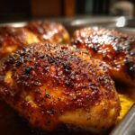 Close-up of perfectly baked apricot glazed chicken thighs with a crispy, browned skin.