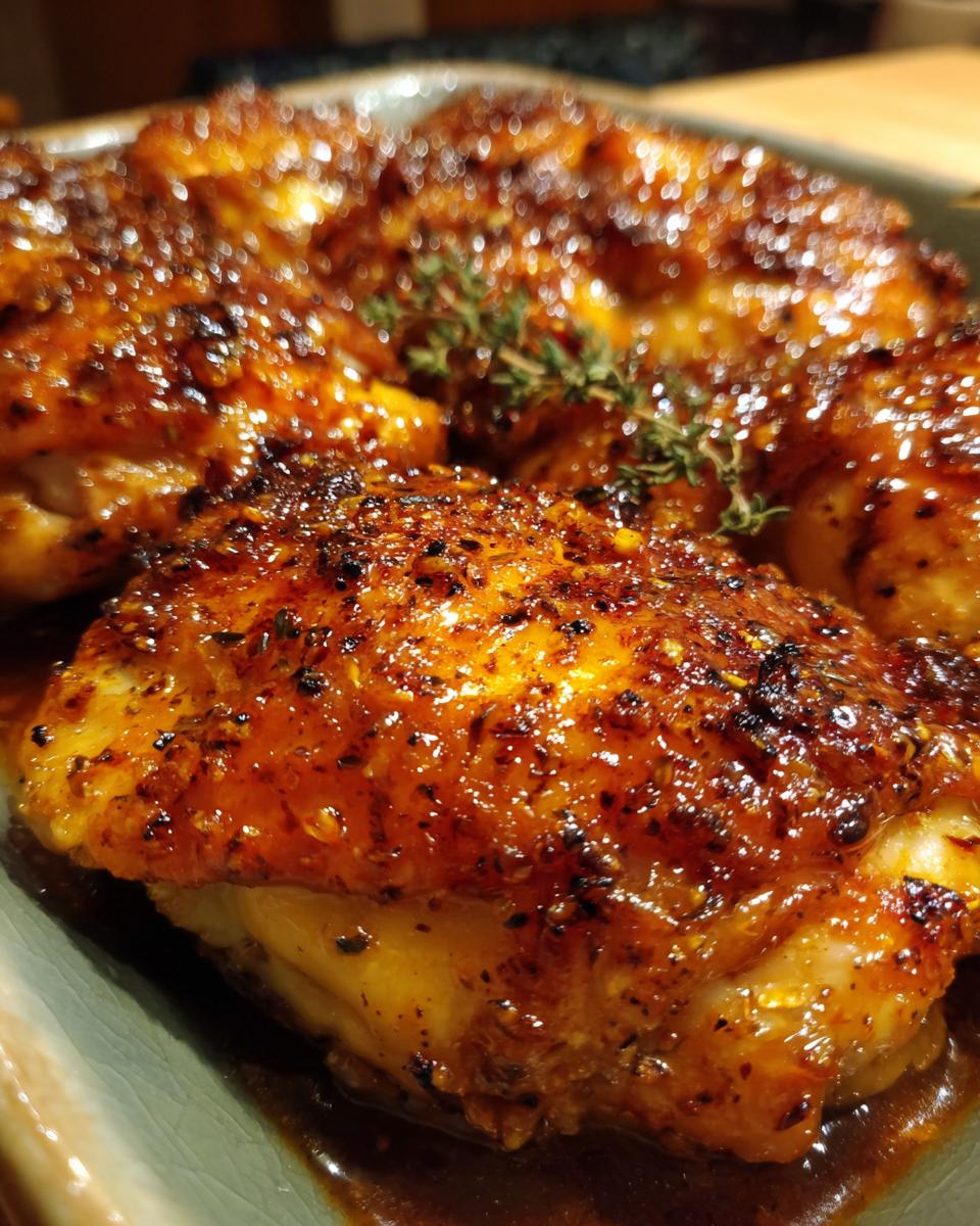 Close-up of juicy apricot glazed baked chicken thighs with a glistening glaze and herbs.