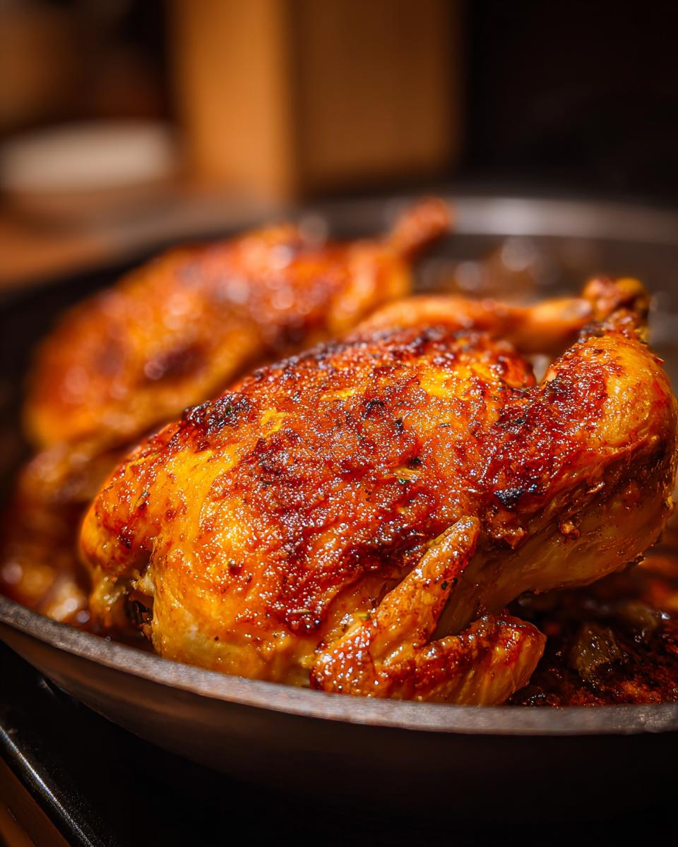 Close-up of a golden brown apricot glazed baked chicken in a roasting pan.