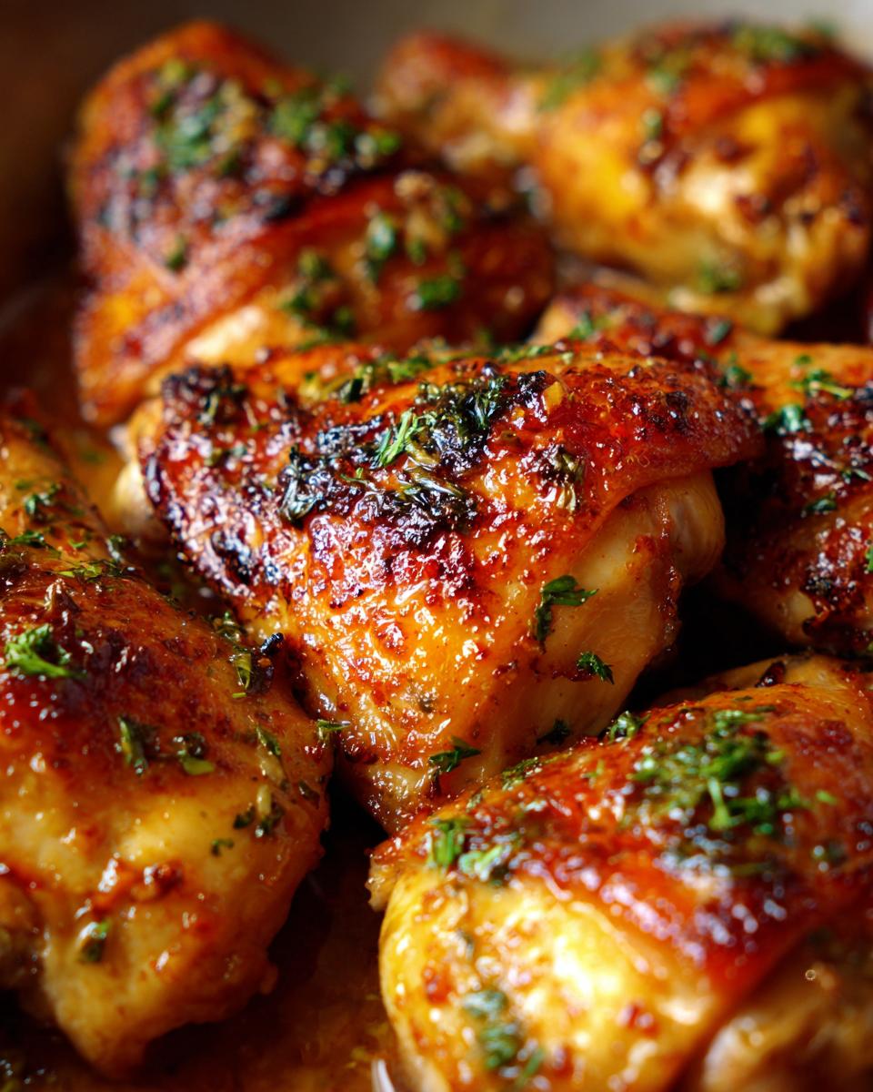 Close-up of golden brown apricot glazed baked chicken pieces, sprinkled with fresh parsley.
