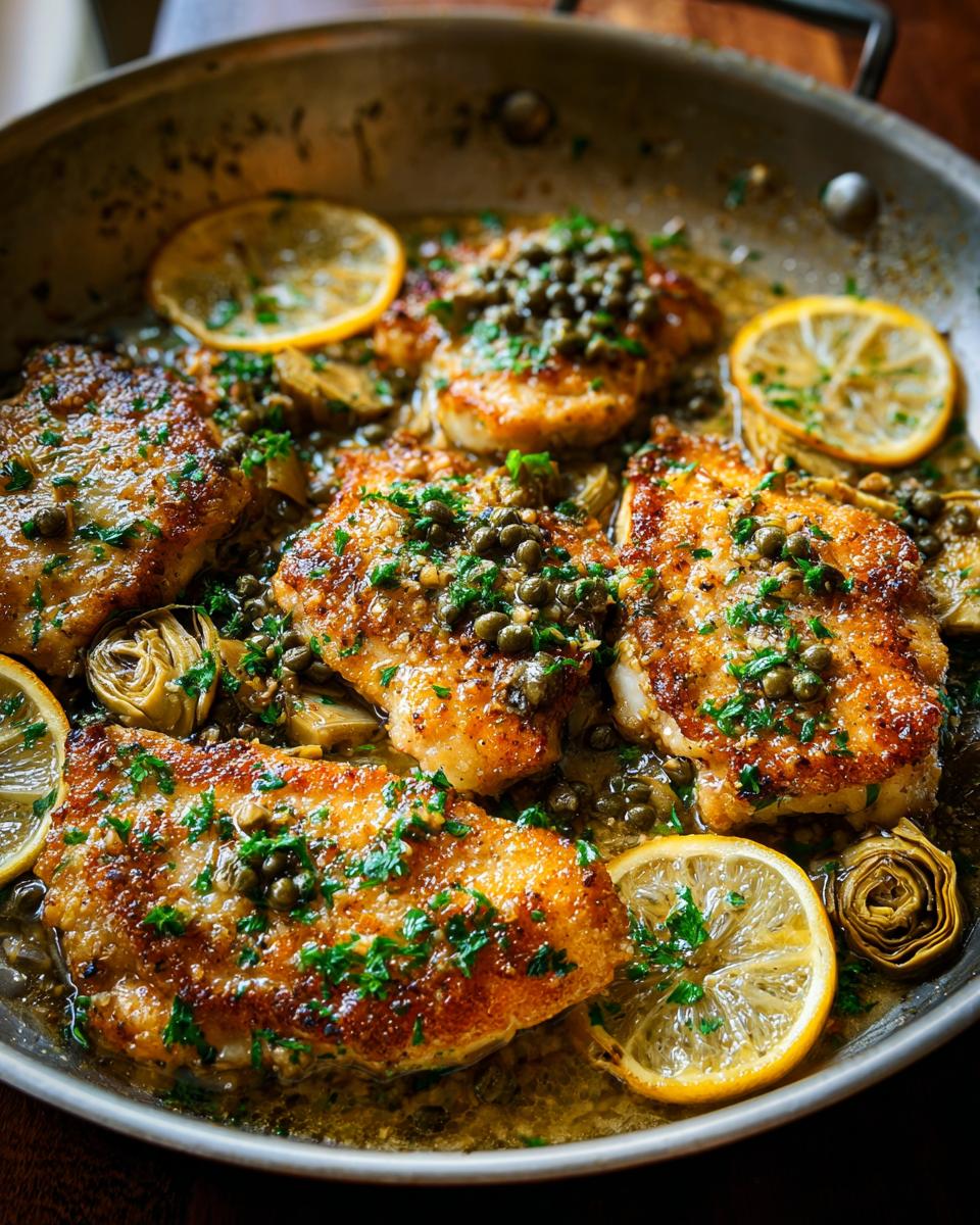 Close-up of Artichoke Chicken Piccata in a pan, with lemon slices, capers, and parsley.