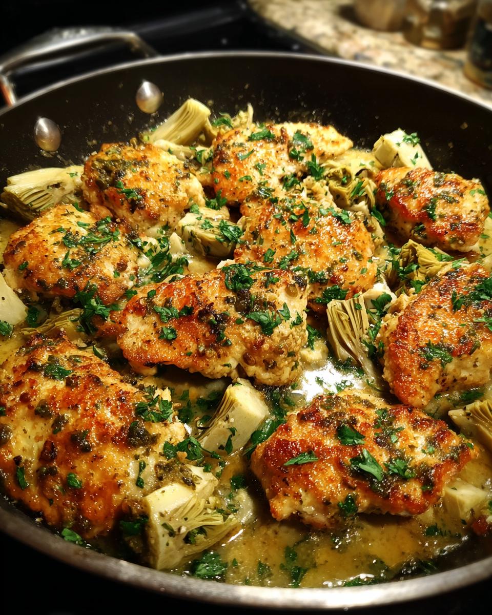 Close-up of golden-brown Artichoke Chicken Piccata pieces in a skillet with artichoke hearts and a lemon-butter sauce, garnished with parsley.