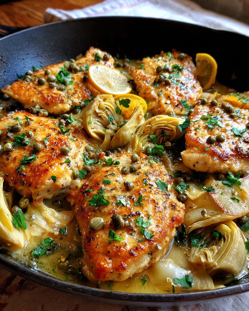 Close-up of Artichoke Chicken Piccata in a skillet, featuring golden-brown chicken, artichoke hearts, capers, and lemon slices.