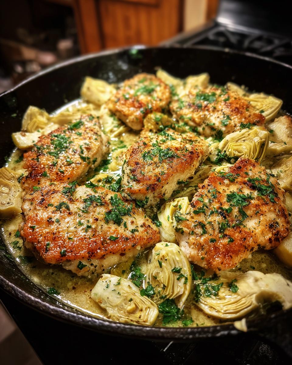 A close-up of Artichoke Chicken Piccata in a cast iron skillet, garnished with parsley.