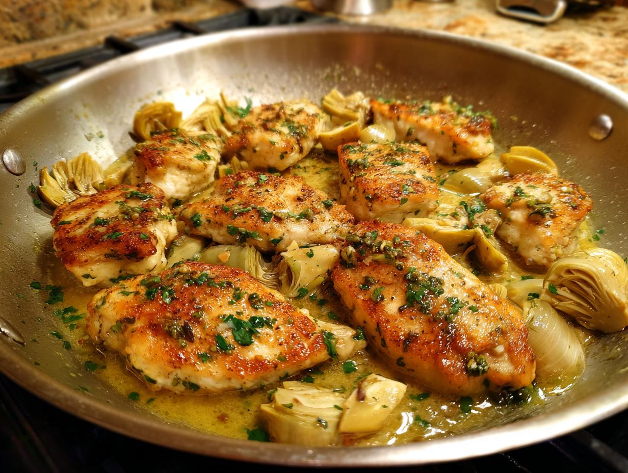 Close-up of Artichoke Chicken Piccata sizzling in a pan with artichoke hearts and lemon sauce.