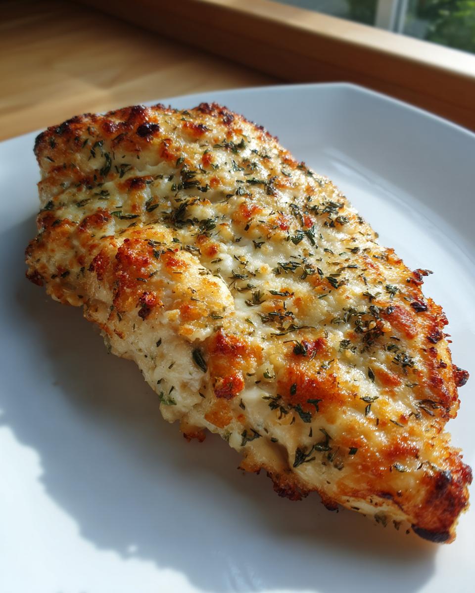A close-up of a golden-brown Asiago chicken breast baked to perfection, topped with melted cheese and herbs on a white plate.
