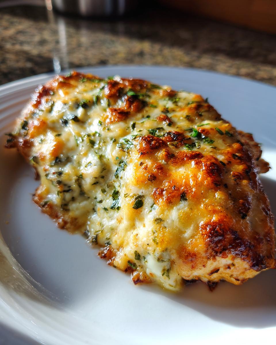 Close-up of a golden-brown Asiago chicken bake, topped with melted cheese and herbs, served on a white plate.