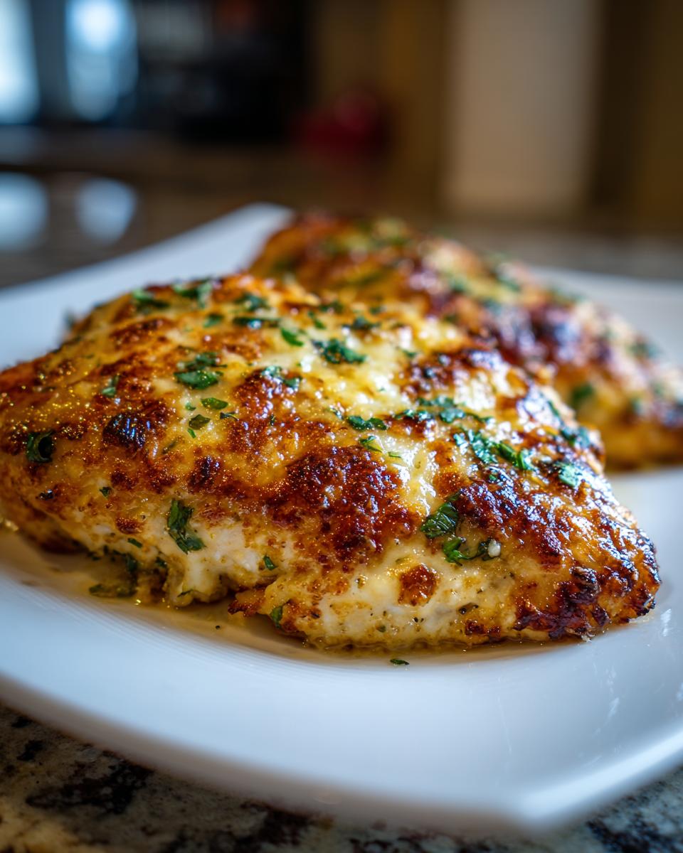 Close-up of a golden brown Asiago chicken bake on a white plate, topped with melted cheese and chopped parsley.