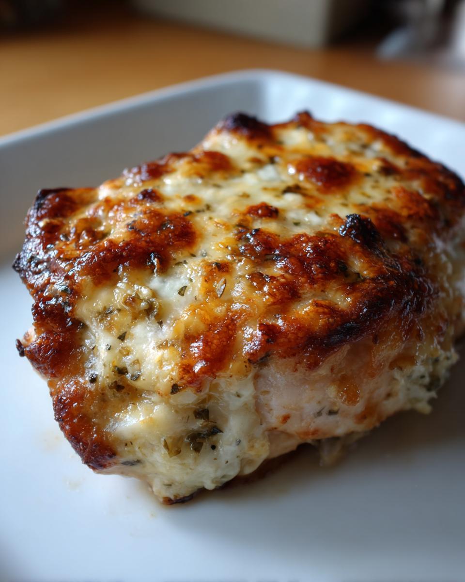 Close-up of a golden brown Asiago chicken bake, bubbling with melted cheese and herbs.