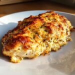 Close-up of a golden-brown Asiago chicken breast baked to perfection, with melted cheese and herbs.